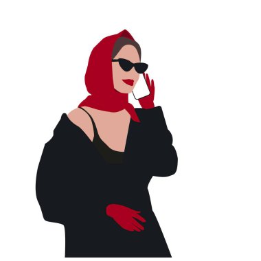 Kırmızı başörtüsü, güneş gözlüğü ve eldiven takmış zarif modern moda tarzında akıllı bir telefonla poz veren modacı bir kadının minimalist çizimi.. 