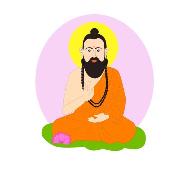 Huzurlu Buda benzeri bir bilgenin, geleneksel turuncu cübbe, dua boncukları ve kafasının arkasında haleyi takarak meditasyon poziyonunda oturması, huzuru, farkındalığı ve ruhani aydınlanmayı simgeliyor.. 