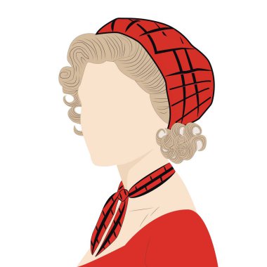 Geçmişe dönük yüzsüz bir kadının minimalist vektör çizimi, boynunda kırmızı bir eşarp ve siyah geometrik desenli uyumlu bir başörtüsü, yumuşak sarı bukleleri ve zarif klasik cazibesiyle.