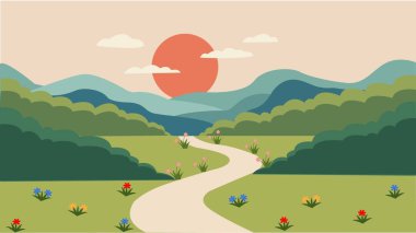 Dolambaçlı bir yolu, yeşil tepeleri, açan kır çiçekleri, katmanlı dağları ve yumuşak pastel gökyüzünde sıcak bir güneşi olan, sakin ve davetkar bir doğa manzarası yaratan stilize edilmiş kırsal bölge.