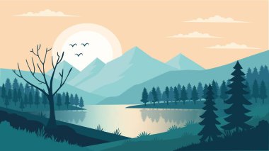 Sakin gölü, katmanlı orman siluetleri, uçan kuşlar ve tepelerin ardından yükselen büyük bir ay ile biçimlendirilmiş dağ manzarası, serin mavi tonlarda barışçıl ve atmosferik bir arka plan yaratıyor...