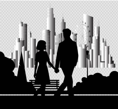 Romantik çift modern şehir silueti ile birlikte yürüyorlar.