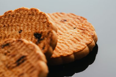 Kuru üzüm yakın çekim karanlık bir arka plan ile taze kurabiye