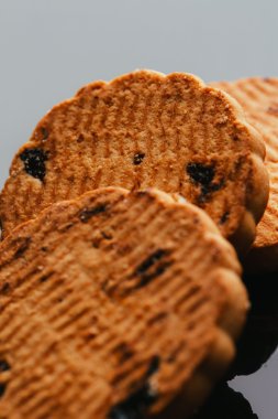 Kuru üzüm yakın çekim karanlık bir arka plan ile taze kurabiye