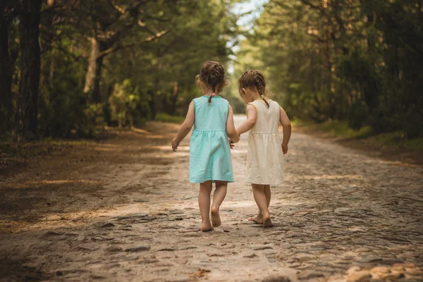 Twee kleine meisjes op de weg van een bos — Stockfoto