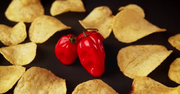 Horké habanero pepř a bramborové lupínky na černém pozadí — Stock video