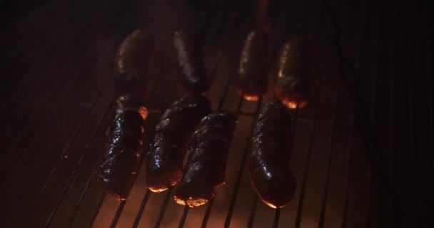 Pyszne kiełbaski grillują nad ogniem w nocy — Wideo stockowe