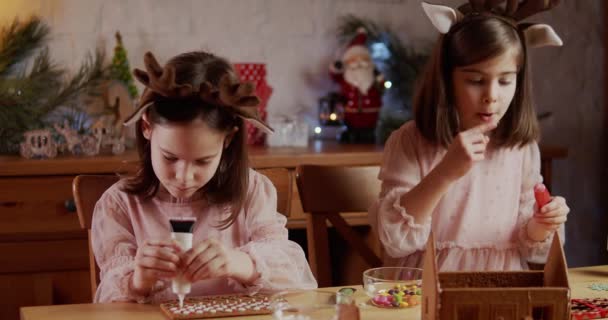 Duas irmãs bonitos construir e decorar uma casa de gengibre de Natal — Vídeo de Stock