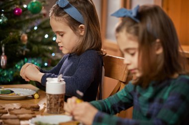 İki tatlı kız kardeş Noel kurabiyesi yapıp süslüyor.