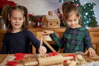 İki tatlı kız kardeş Noel kurabiyesi yapıp süslüyor.