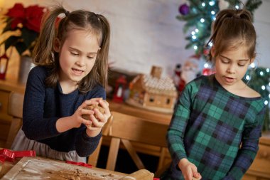 İki tatlı kız kardeş Noel kurabiyesi yapıp süslüyor.