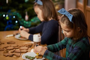 İki tatlı kız kardeş Noel kurabiyesi yapıp süslüyor.