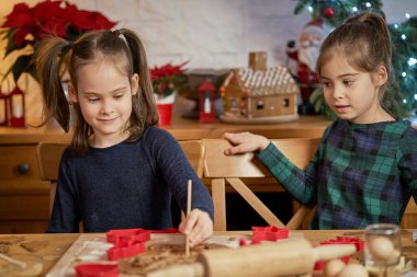 İki tatlı kız kardeş Noel kurabiyesi yapıp süslüyor.