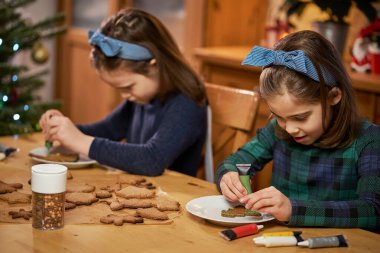 İki tatlı kız kardeş Noel kurabiyesi yapıp süslüyor.