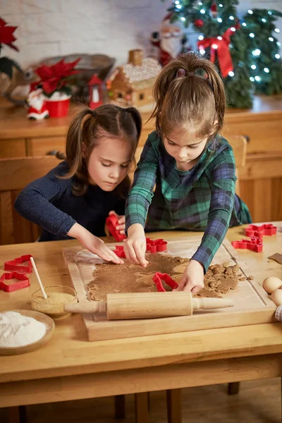 귀여운 자매 둘이 크리스마스 진저브레드 쿠키를 만들고 장식 한다 스톡 사진
