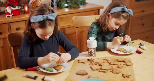 Zwei süße Schwestern backen und dekorieren Weihnachts-Lebkuchen — Stockvideo