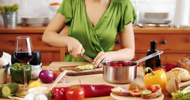 Beautiful woman preparing delicious spring food from fresh vegetables — Stock Video