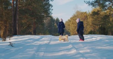 İki kız kardeş kış ormanında küçük bir köpekle yürüyorlar. 