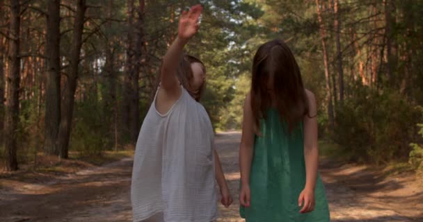Dwie piękne dziewczyny spacerujące po lesie — Wideo stockowe