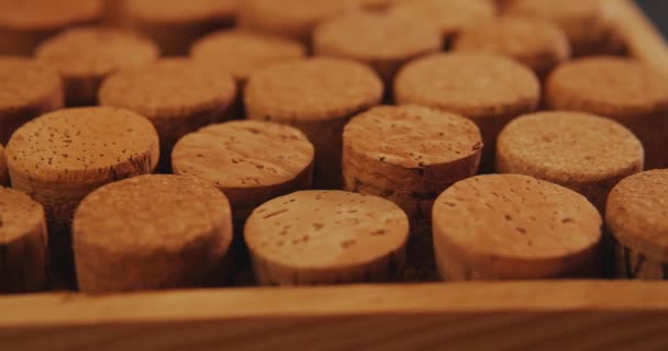 Bouchons de vin sur une vieille planche de bois vintage. — Video