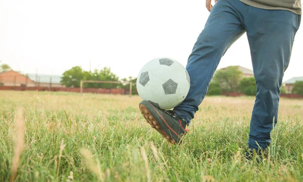 Caucasian Boy Soccer Ball Football Field — Stock Photo, Image