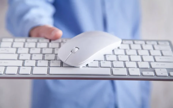 Man Holding Computer Mouse Keyboard Technology Business — Stock Photo, Image