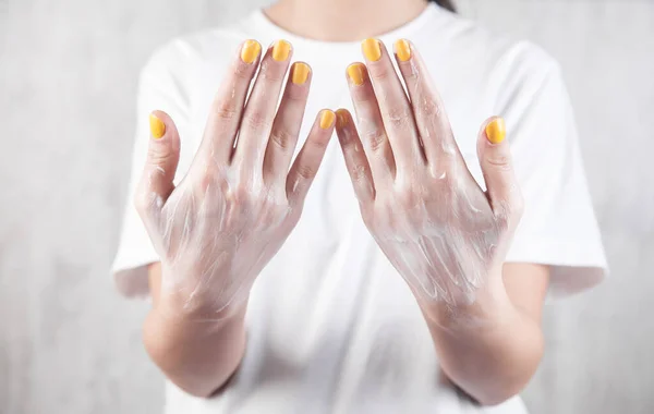 Girl Showing Cream Hands Soft Skin — Stock Photo, Image