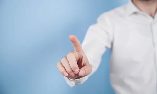 Man Pointing Touching Finger Screen — Stock Photo, Image