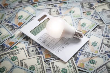 Dolar banknotları üzerinde ampul ve hesap makinesi.