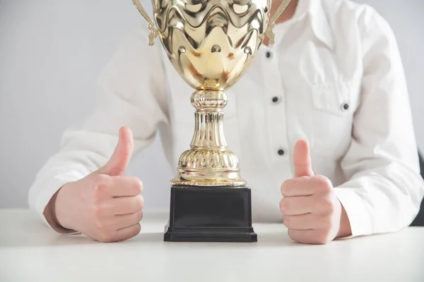 Girl Making Thumb Signs Golden Trophy Office Business Success — Stock Photo, Image