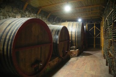 Bir depoda şarap fıçıları. Şarap deposu.