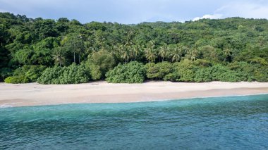Temiz, canlı turkuaz ve derin mavi okyanus sularıyla el değmemiş kumlu bir plajın çarpıcı yüksek açılı görüntüsü..