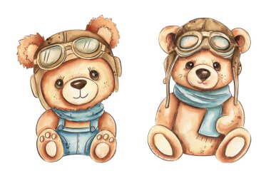 İki sevimli oyuncak ayı havacı şapkası ve eşarpları takıyor, heyecan verici bir yolculuğa hazır. Neşeli ifadeleri ve yumuşak kürkleri sıcaklığı ve rahatlığı davet eder..