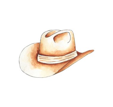 Elle çizilmiş kovboy şapkası yumuşak kıvrımlar ve açık renk gölgelerle gösterilir. Şapka sade bir arka planda duruyor, basit tasarım ve biçimini sergiliyor. Sanat eseri şapkanın eşsiz şeklini yakalıyor..
