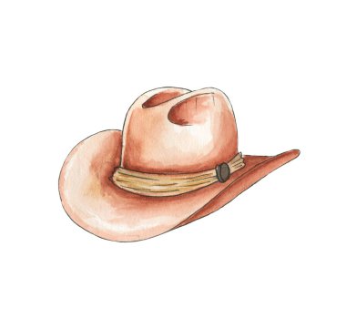 Elle çizilmiş kovboy şapkası yumuşak kıvrımlar ve açık renk gölgelerle gösterilir. Şapka sade bir arka planda duruyor, basit tasarım ve biçimini sergiliyor. Sanat eseri şapkanın eşsiz şeklini yakalıyor..