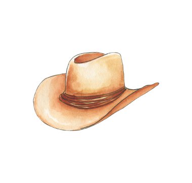 Elle çizilmiş kovboy şapkası yumuşak kıvrımlar ve açık renk gölgelerle gösterilir. Şapka sade bir arka planda duruyor, basit tasarım ve biçimini sergiliyor. Sanat eseri şapkanın eşsiz şeklini yakalıyor..