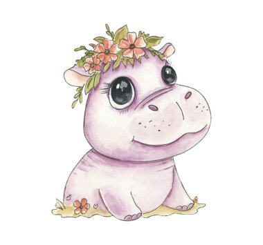 Küçük bir su aygırı suluboya ile çizilmiş neşeli bir ifadeyle oturur. Karakterin büyük gözleri ve yuvarlak bir vücudu var. Mutlu ve dost canlısı görünüyor, izleyicilerin davetkar gülümsemeleri..