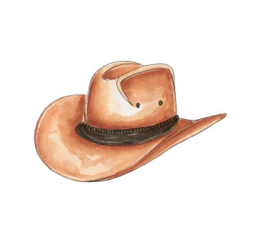 Bir el çizimi suluboya kovboy şapkası bir yüzeyde dümdüz durur. Geniş kaplama ve yüksek kaplama klasik bir tasarım. Renkler yavaşça karışır, şapkaya sıcak, davetkar bir bakış verir..