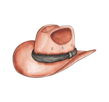 Bir el çizimi suluboya kovboy şapkası bir yüzeyde dümdüz durur. Geniş kaplama ve yüksek kaplama klasik bir tasarım. Renkler yavaşça karışır, şapkaya sıcak, davetkar bir bakış verir..