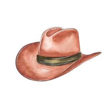Bir el çizimi suluboya kovboy şapkası bir yüzeyde dümdüz durur. Geniş kaplama ve yüksek kaplama klasik bir tasarım. Renkler yavaşça karışır, şapkaya sıcak, davetkar bir bakış verir..