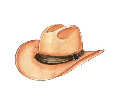 Bir el çizimi suluboya kovboy şapkası bir yüzeyde dümdüz durur. Geniş kaplama ve yüksek kaplama klasik bir tasarım. Renkler yavaşça karışır, şapkaya sıcak, davetkar bir bakış verir..
