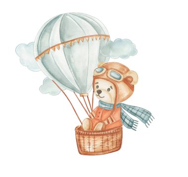 Bir ayı sıcak hava balonunda oturur, atkı ve havacı gözlüğü takar. Ayı, güneşli bir günde havada süzülürken sakin bir ifade takınır. Maceraya hazır..