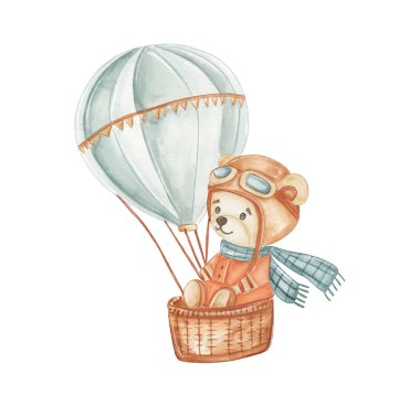 Bir ayı sıcak hava balonunda oturur, atkı ve havacı gözlüğü takar. Ayı, güneşli bir günde havada süzülürken sakin bir ifade takınır. Maceraya hazır..