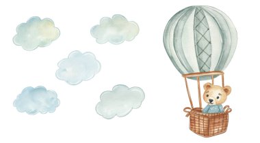 Bir ayı sıcak hava balonunda oturur, atkı ve havacı gözlüğü takar. Ayı, güneşli bir günde havada süzülürken sakin bir ifade takınır. Maceraya hazır..