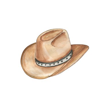 Bir el çizimi suluboya kovboy şapkası bir yüzeyde dümdüz durur. Geniş kaplama ve yüksek kaplama klasik bir tasarım. Renkler yavaşça karışır, şapkaya sıcak, davetkar bir bakış verir..