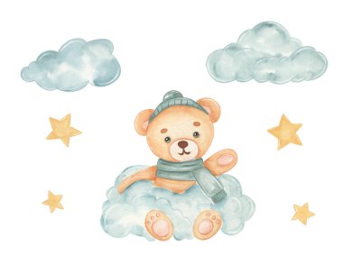 Bu suluboya sahnesinde tüylü bir buluttan şapkası ve atkısı olan bir ayı dalgalanır. Ayı, etrafındaki yumuşak, hafif bulutların tadını çıkarırken neşeli görünür..