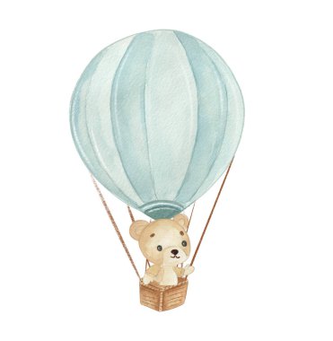 Sıcak hava balonu sepetinde bir ayıyla gökyüzünde yükselir. Ayı manzaranın tadını çıkarırken neşeli görünüyor. Bu sahne havada neşeli bir anı yakalıyor..