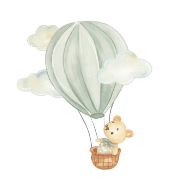 Sıcak hava balonu sepetinde bir ayıyla gökyüzünde yükselir. Ayı manzaranın tadını çıkarırken neşeli görünüyor. Bu sahne havada neşeli bir anı yakalıyor..