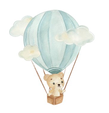 Sıcak hava balonu sepetinde bir ayıyla gökyüzünde yükselir. Ayı manzaranın tadını çıkarırken neşeli görünüyor. Bu sahne havada neşeli bir anı yakalıyor..