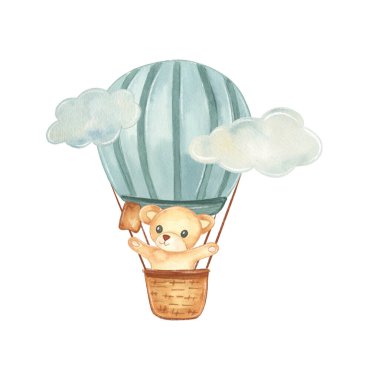 Sıcak hava balonu sepetinde bir ayıyla gökyüzünde yükselir. Ayı manzaranın tadını çıkarırken neşeli görünüyor. Bu sahne havada neşeli bir anı yakalıyor..